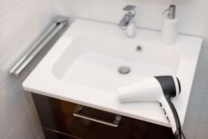 a white bathroom sink with a blow dryer at Appartement Im Hof, 36qm in Schenkenzell +14 photos