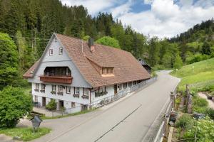 a large building with a brown roof on a road at Appartement Im Hof, 36qm in Schenkenzell