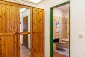 a bathroom with wood paneled walls and a toilet at Aschaubichl - Wohnung Bergaurikel in Grainau +14 photos