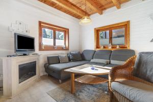 a living room with a couch and a tv at Haus Wildgans in Lychen