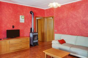 a living room with a couch and a wood stove at Casa Alan in Montemezzo