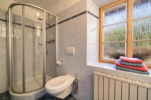 a bathroom with a shower and a toilet and a window at Ferienwohnung Brunjaunhof in Schenna +17 photos