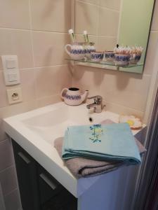 a bathroom with a sink with a towel on it at Chambre D'hôtes La Grande Calade in Lagrand