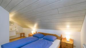 a bedroom with two blue pillows on a bed at Waldfee - Stilvolles Ferienhaus in Kemmerode