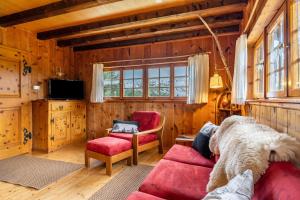 a living room with a red couch and a tv at Blockhaus Paepke in Mühlenbach
