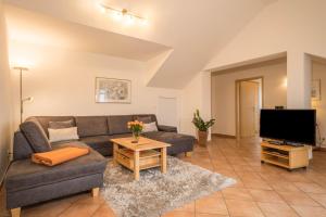 a living room with a couch and a tv at Haus Sonnenseite Wohnung Pfänder in Wasserburg