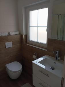 a bathroom with a toilet and a sink and a window at Villa am Bacho in Dörzbach +10 photos