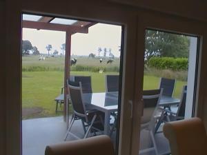 a table and chairs on a porch with a view of a field at Ferienhaus Kudensee in Kudensee