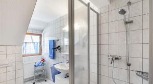 a bathroom with a shower and a sink at Ferienhof Siber in Owingen +25 photos