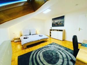 a bedroom with a bed and a large rug at Friedrichshafen im Grünen genießen in Friedrichshafen