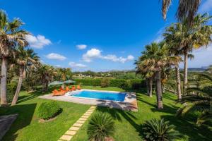 an image of a backyard with a swimming pool and palm trees at Can Xisco in Artá
