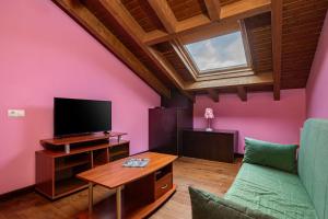 a living room with pink walls and a tv at Apto Rosa - Casa el gaitero in Susacasa