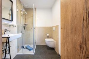 a bathroom with a shower and a toilet and a sink at Fewo Am Steinbach - Lofer in Reit im Winkl