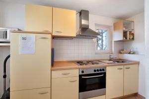 a small kitchen with a refrigerator and a sink at Birkethof Studio in Mickhausen