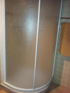 a shower stall in a bathroom with a silver shower at Ço de Carles in Garós +6 photos