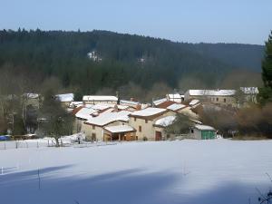 a small town with snow covered buildings and a lake at Gîte Champêtre, Tout Confort in Saint-Éloy-la-Glacière