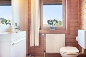 a bathroom with a toilet and a radiator and two windows at Landhaus-Eifelhöhe in Schüller +32 photos