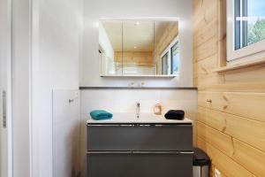 a bathroom with a sink and a mirror at Mettmapark - Chalet 1 in Grafenhausen +18 photos