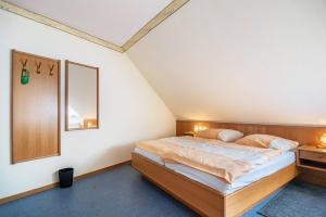 a bedroom with a large bed and a mirror at Ferienwohnung 4 in Bernkastel-Kues