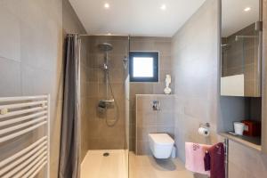 a small bathroom with a shower and a toilet at Chambre D'hôtes À Losari in Palasca