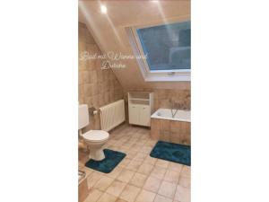 a bathroom with a toilet and a tub and a window at Ferienwohnung Wiesenblick in Oberharmersbach