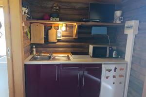 a small kitchen with a sink and a microwave at Chalet Idéal Randonnée in La Chapelle-Yvon +12 photos