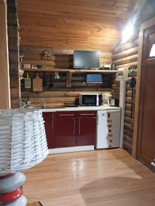 a kitchen in a log cabin with a sink and a tv at Chalet Idéal Randonnée in La Chapelle-Yvon