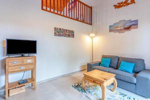 a living room with a couch and a tv at La maison des Prairies - Biscarosse in Biscarrosse