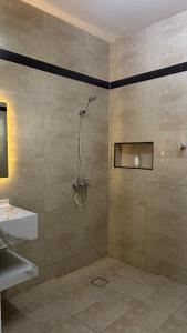 a bathroom with a shower and a sink at Qantab village apartment in Muscat +40 photos