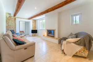 a living room with two couches and a fireplace at La Velle in Mornas