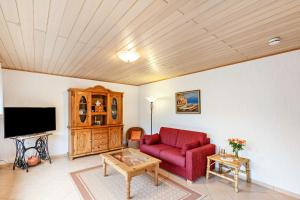 a living room with a red couch and a tv at Ferienwohnung Klug in Haintchen