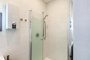 a shower with a glass door in a bathroom at Ferienwohnung Klug in Haintchen +23 photos