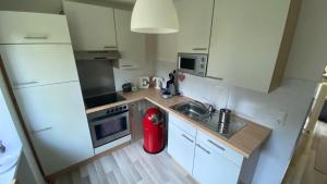 eine kleine Küche mit einem roten Mülleimer auf dem Boden in der Unterkunft Casa 2 in Todtmoos + 12 Fotos