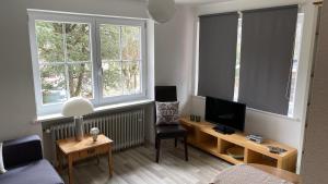 ein Wohnzimmer mit Fernseher, Schreibtisch und zwei Fenstern in der Unterkunft Casa 2 in Todtmoos