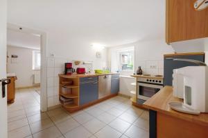 a kitchen with blue cabinets and a counter top at Haus Gertrud in Monzelfeld