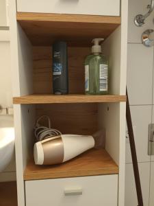 a cupboard with a hair dryer and a bottle of soap at Appartement Kärntner Seenland in Ledenitzen
