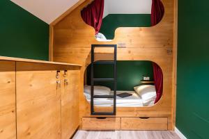 a bunk bed in a room with a green wall at Hostel du Val de Tamié in Faverges
