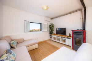 a living room with a couch and a tv at Finca Blanca in Calas de Mallorca