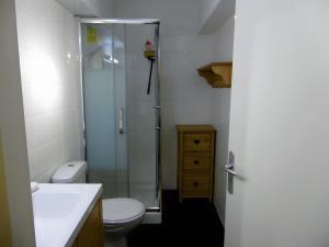 a bathroom with a shower and a toilet and a sink at Logis Des Cerfs in Puyvalador +23 photos