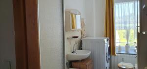 a white bathroom with a sink and a mirror at Ferienwohnung am Huthainberg in Börnichen