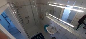 a bathroom with a shower and a toilet and a sink at Ferienwohnung Küssaberg in Küssaberg +9 photos