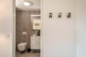 a bathroom with a toilet and a sink and a mirror at 1 Zimmer-appartment Nr 14 in Wangen im Allgäu +16 photos