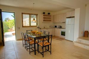 a kitchen with a table and chairs and a refrigerator at Villa Asterias Ideales Resort in Kefallonia