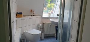 a small bathroom with a toilet and a sink at Fewo D und R Schwesternherz in Naumburg +11 photos