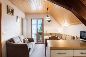 a living room with a couch and a table and a tv at Ferienwohnungen Vogt's Libding in Bad Rippoldsau-Schapbach