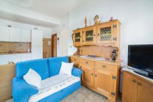 a living room with a blue couch and a tv at Casa Defrancesco - with Garden in Moena