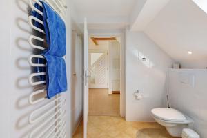 a bathroom with a toilet and blue towels on a wall at Birkethof Romantik-Appartement in Mickhausen +21 photos
