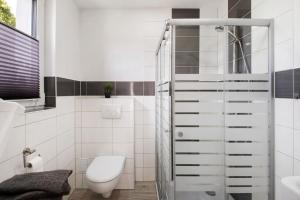 a bathroom with a toilet and a shower at Ferienwohnung Pfauenhof in Harztor +19 photos