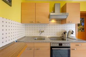 a kitchen with wooden cabinets and a sink at Ferienwohnung Eva in Grebenhain