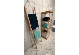a bathroom with a towel rack and a mirror at Petit Bijou in March
